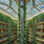 Glass tube elevator in an atrium filled with lush green plant walls, PVE customer testimonial