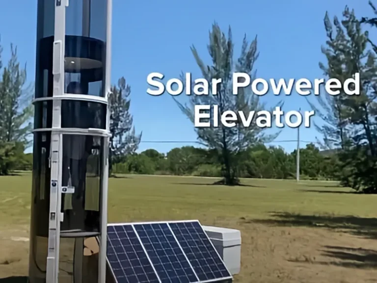PVE pneumatic vacuum elevator outdoors with solar panel package, labeled Solar Powered Elevator