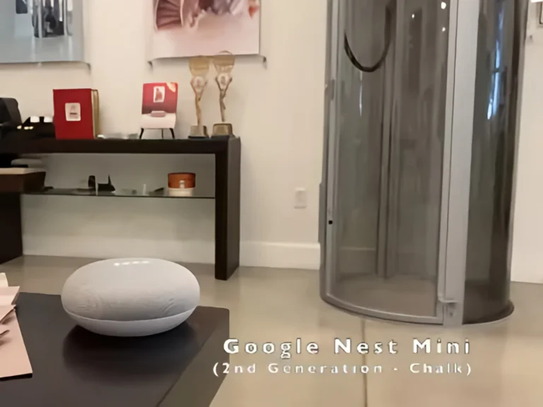 Google Nest Mini smart speaker near a PVE home elevator cabin for smart home voice control