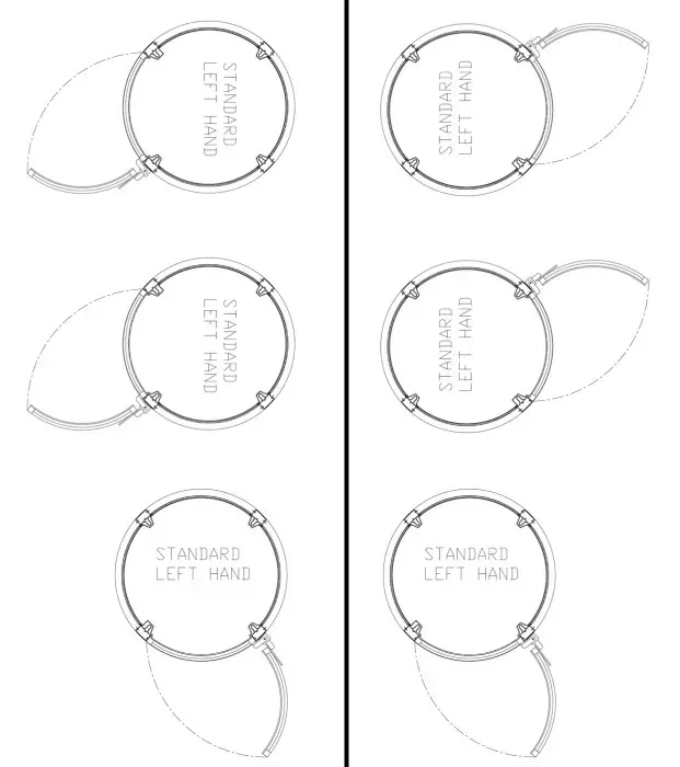 Diagram of standard left hand door swing options for a 90 degree configuration on a home elevator