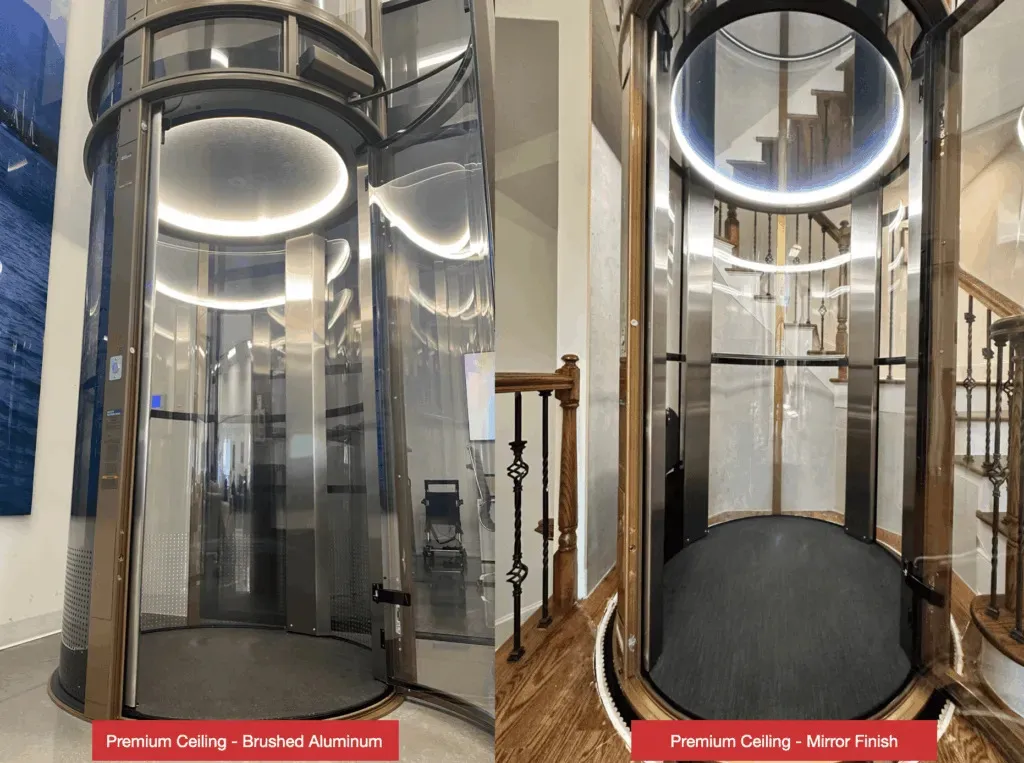 PVE home elevator premium ceiling package with LED halo light in brushed aluminum and mirror finish