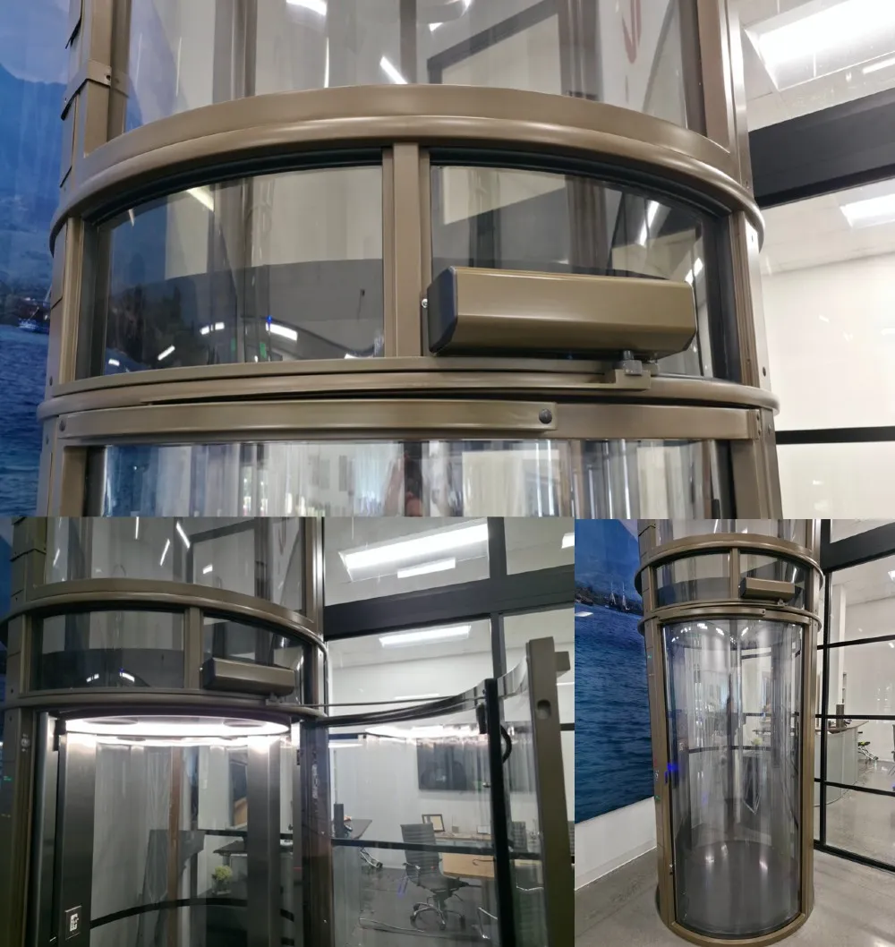 PVE home elevator cabin showing the automatic door opener motor mounted above the glass door
