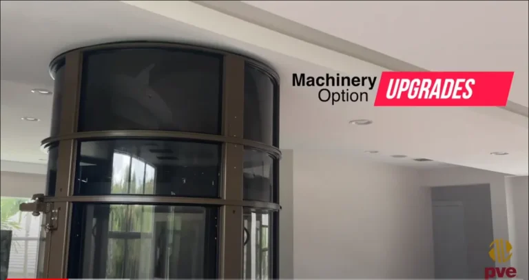 Bronze tone PVE home elevator cab with Machinery Option Upgrades banner