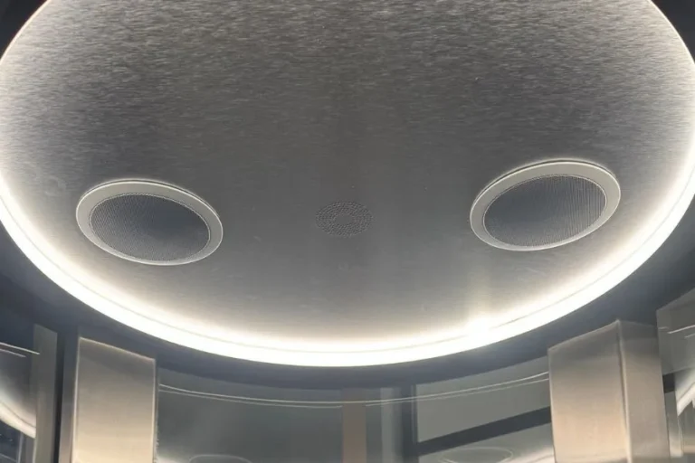 Cabin ceiling with built in speakers and LED ring light, part of the in cabin music package for PVE home elevators