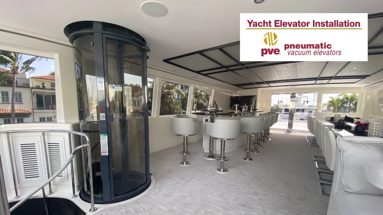 PVE pneumatic vacuum elevator installed on a yacht deck with bar seating, Yacht Elevator Installation banner