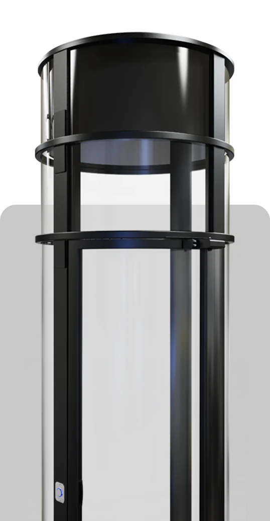 Close up of a PVE pneumatic vacuum elevator cab with clear cylindrical tube and black top dome