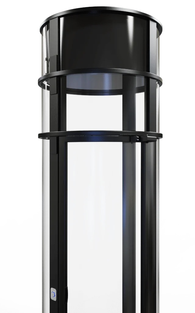 Black framed PVE pneumatic vacuum elevator cabin with round top and glass tube walls