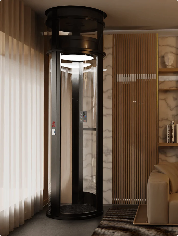 Round black PVE pneumatic vacuum elevator with glass tube installed in a modern living room