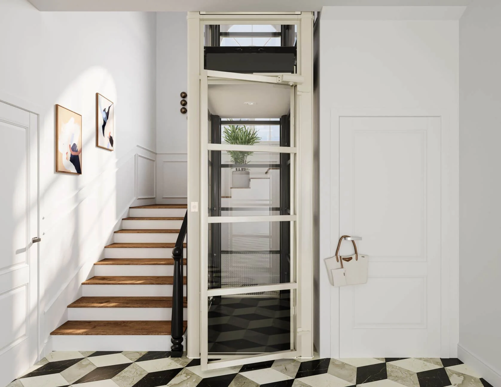 PVE Cube home elevator with open glass door installed beside a staircase in an elegant entryway