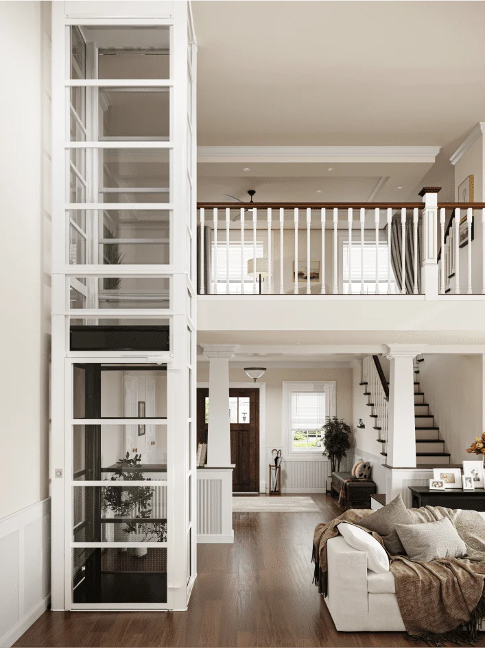 PVE home elevator with white frame installed between two floors of a two story house