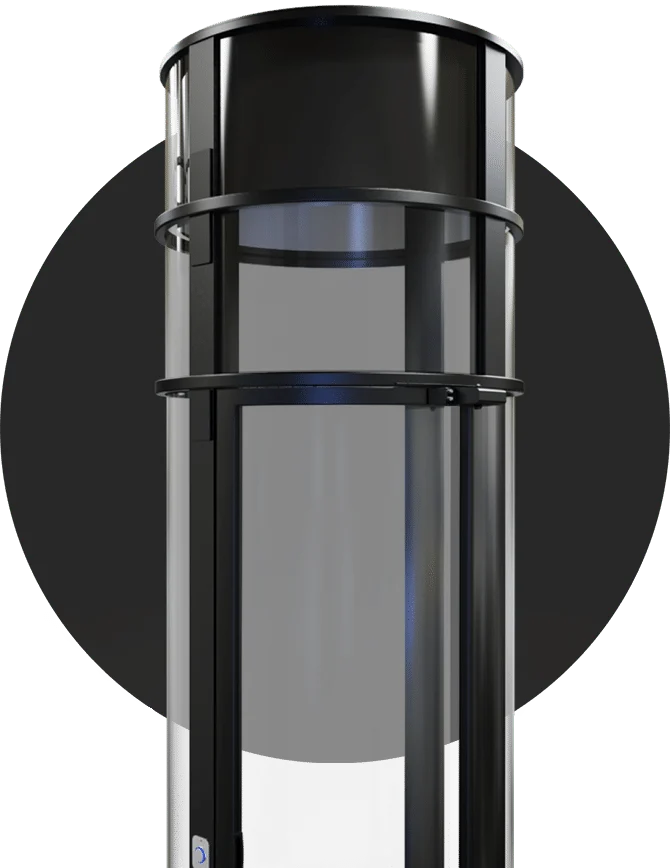 Top view of a PVE pneumatic vacuum elevator with dark trim and glass tube cabin